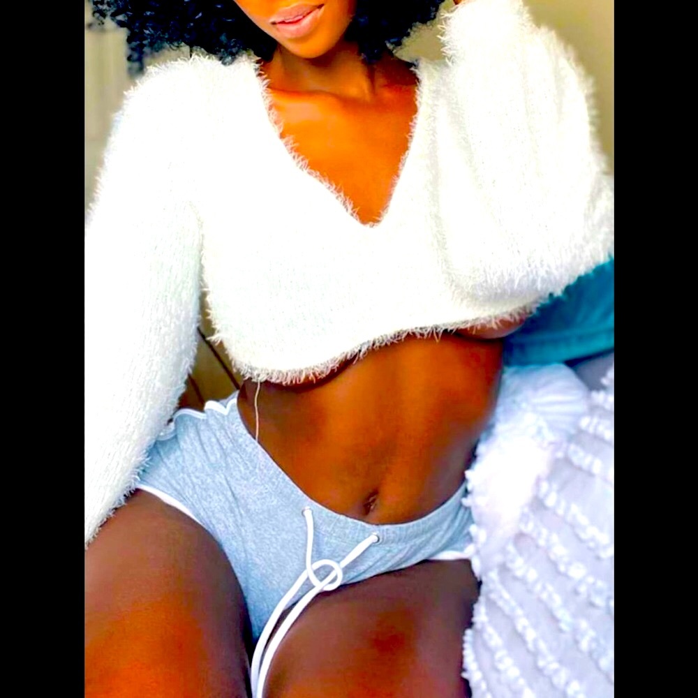 Sexy Deep V-Neck Crop Skinny White Thick Cotton Crop Sweater